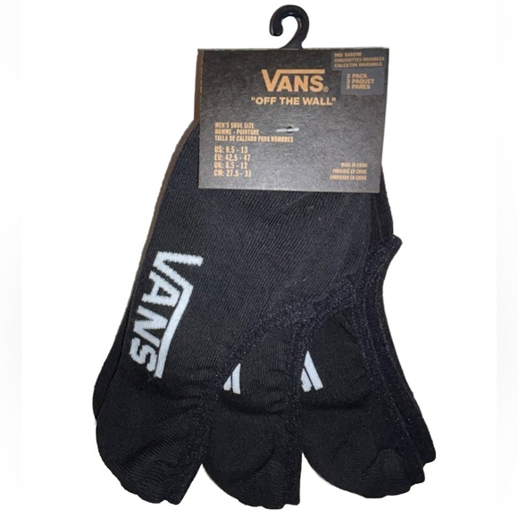 Vans Off The Wall No Show Socks 3 Pair Men 9.5-13 Black w White Logo Skate Ride - Picture 1 of 11